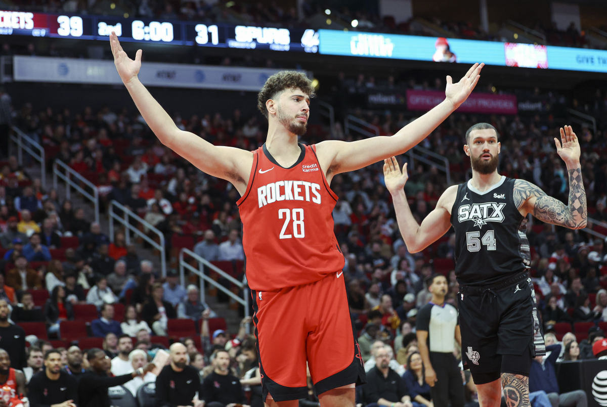 Dec 11, 2023; Houston, Texas, USA; Houston Rockets center Alperen Sengun (28) reacts after a play during the second quarter against the San Antonio Spurs at Toyota Center.